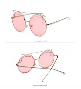 Detailed views of round pink sunglasses with unique top bar metal frame design