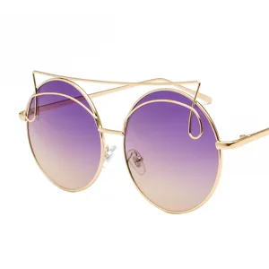 Trendy round gold-frame sunglasses with purple gradient lenses and unique top wire design