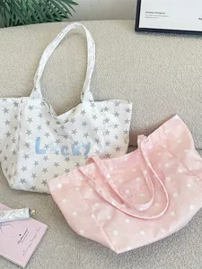 Stylish large canvas tote bags featuring Lucky embroidery, star and polka dot prints