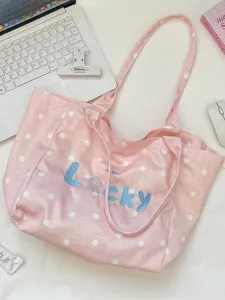 Korean style pink polka dot canvas tote bag with Lucky blue embroidery and cute puppy design