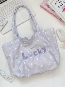 Korean style purple polka dot canvas tote bag with Lucky letter embroidery decoration