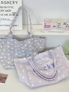 Korean style large canvas tote bags with star and polka dot prints and Lucky embroidery