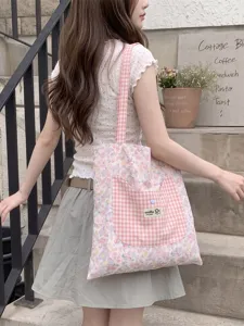 Floral canvas tote bag with pink gingham cat pocket for students and daily casual use