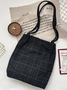 Vintage dark grey plaid shoulder tote bag with large capacity canvas fabric material