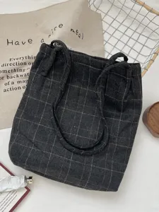 Vintage dark grey plaid shoulder tote bag with large capacity