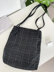 Vintage dark grey plaid canvas tote bag for commuting with large capacity and straps.