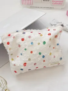 Kwalitatieve Koreaanse stijl kleurrijke polka dot organza make-uptas met franje textuur