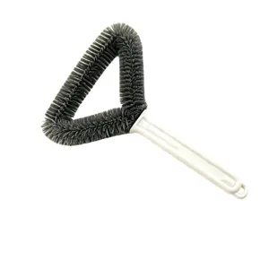 Triangle window screen cleaning brush with white plastic handle and dense grey bristles