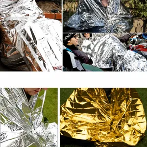 Emergency Mylar thermal blanket for outdoor survival, camping, hiking, and waterproof shelter.