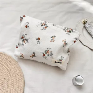 Borsa per trucchi a fiori di grande capacità con chiusura a zip per donna