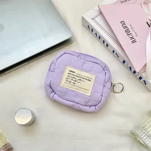 Detailed macro shot of a purple quilted pouch for lipstick and jewelry storage.