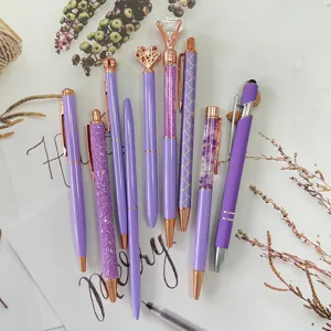 Purple ballpoint pen set 9pcs diamond rose gold cute stationery office school writing supplies