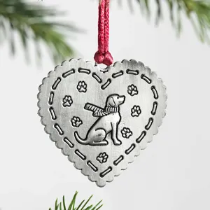 Christmas tree metal heart ornament with cute dog design and red ribbon for holiday decor.