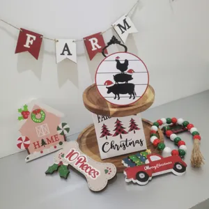 Weihnachten gestufter Tablett Dekor Set Bauernhaus Holz Ornamente Tisch Display Details