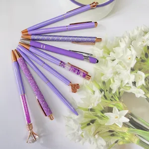 Purple ballpoint pen set of 9, elegant rose gold trim, diamond and glitter design for gifts.