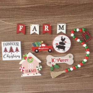 Weihnachts Holzdeko Set fuer mehrstufige Tabletts mit Bauernhof Schildern und Perlen.