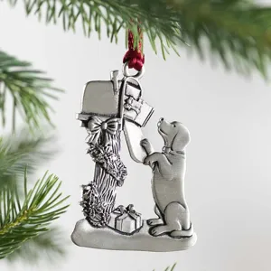 Metal Christmas tree ornament featuring a cute dog and mailbox for holiday home decor.