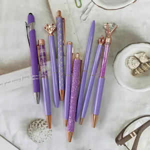 Purple diamond crystal ballpoint pen set of 9 pieces, elegant violet writing stationery gifts.