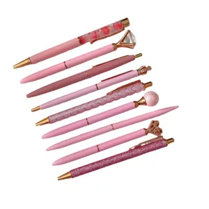 Cute pink decorative ballpoint pen set, metal pens with diamond tops for office school.