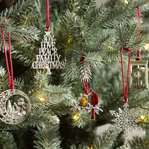 Christmas tree metal hanging ornaments set, festive holiday decor with seasonal pendants.
