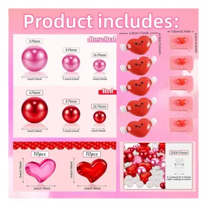 Valentine vase filler set with pink and red pearls, heart gems, and winged heart accessories.