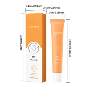 Vue détaillée du tube de crème dépilatoire pour le visage et de la boîte avec dimensions.