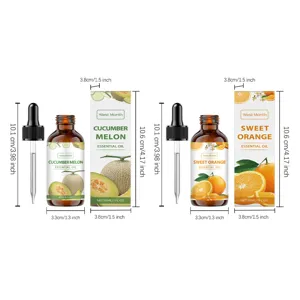 Essential oil detail view showing bottle size, dropper, and outer packaging dimensions.