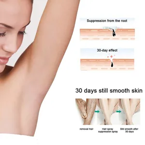 Vue détaillée du spray dépilatoire montrant l'effet aisselles lisses 30 jours et racine.