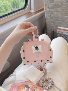 Mini pochette de rangement rose à pois avec écusson chat pour cosmétiques et essentiels