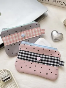 Cute Plaid Polka Dot Star Pattern Pencil Case Large Capacity High Beauty Stationary Storage Bag Handheld Stationery Pouch Organizer For School Students Office Women