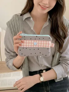 Ins style large capacity plaid and star pattern pencil case with cute heart detail