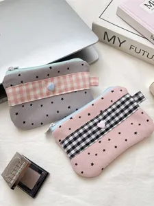 Aesthetic plaid and star pattern pencil case with cute heart button for students