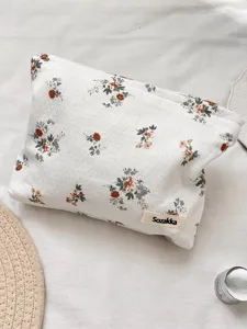 Grande borsa per cosmetici con stampa floreale delicata e chiusura a zip per donne
