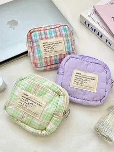 Quilted Macaron Mini Makeup Bag For Women Portable Lipstick Jewelry Storage Pouch Girly Plaid Floral Pattern Small Hand Bag Zipper