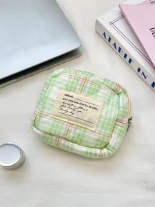 Portable quilted mini pouch with green macaron plaid for lipstick and jewelry