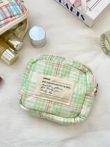 Minimalist mini quilted plaid pouch in macaron green for portable lipstick and jewelry storage