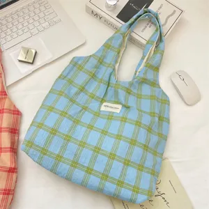 Borsa shopper a quadri azzurro e verde per scuola e lavoro