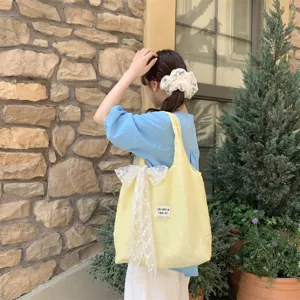 Stijlvolle lichtgele bloemen gaas tote tas in Koreaanse stijl met kanten strik