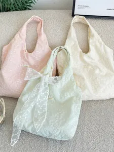 Korean Girly Embroidered Cherry Blossom Tote Bag Large Capacity Shoulder Bag With Lace Bow School Commuter Bag For Women