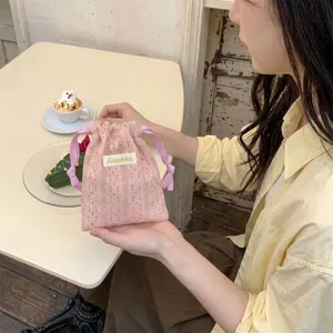 Japanese Style Hollow Out Lace Drawstring Storage Bag Cute Satin Ribbon Travel Makeup Organizer Bag For Cosmetics Earphones Small Items