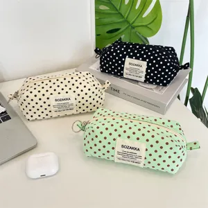 Set of three stylish polka dot canvas pouches in black, beige, and mint green colors