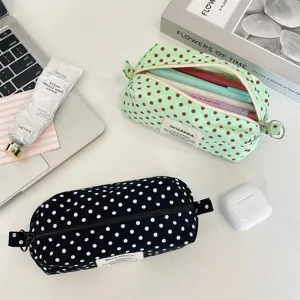 Detailed macro view of canvas polka dot pouches featuring a smooth and durable zipper