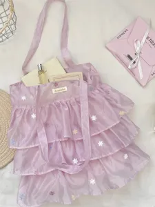 Bolso tote de organza lila con bordado floral y diseño elegante de capas de pastel