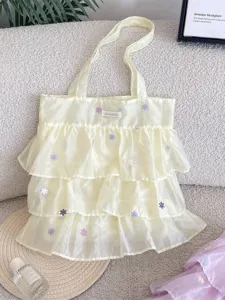 Elegante bolso tote de organza con capas de volantes y bordado floral para mujer