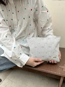 Japanese style embroidered makeup bag with bow and heart pattern for girly cosmetics