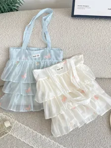 Bolso tote de organza con volantes y bordado de mariposa rosa diseño coreano chic