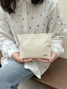 Japanese style cute bow embroidered canvas cosmetic bag for skincare and small items