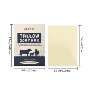 Detailed view of herbal tallow moisturizing soap bar with packaging box and dimensions.