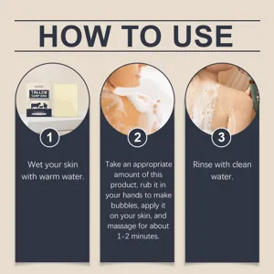 Detailed instruction guide showing how to use the nourishing herbal tallow soap bar safely.