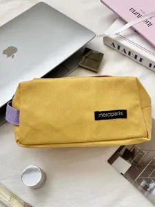 Grote Capaciteit Canvas Pennetas Minimalistisch Kleurblok Schrijfwaren Tas Met Handriem Gembergeel Potlood Etui